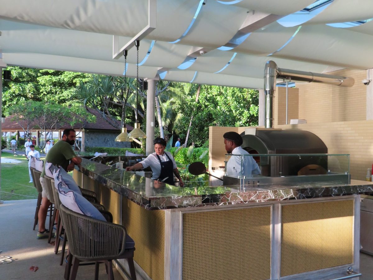 Kannel Pizzeria at Four Seasons Mahe, Seychelles - outdoor pizza counter and wood-fired oven